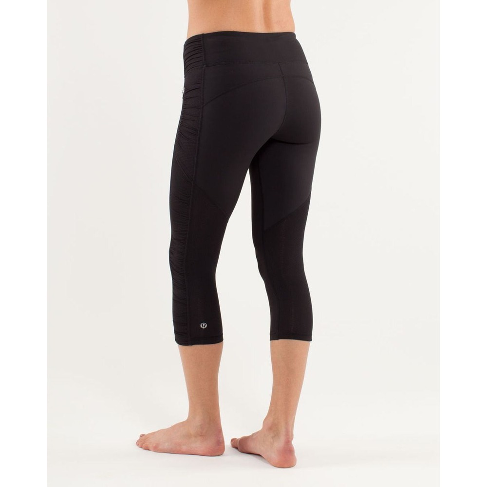 Lululemon Cropped Running Leggings Size 6‎ Black Ruched Zip Pocket Y2K Athletic